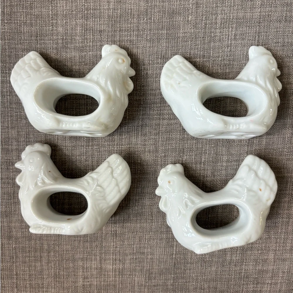 White Ceramic Rooster Napkin Rings Set